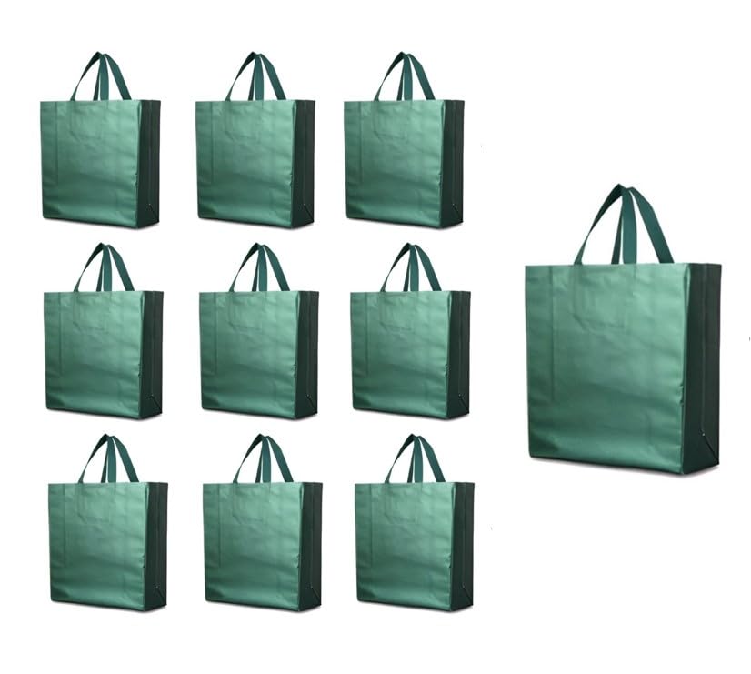 Gift Bags Medium Size with Metallic Laminated Non-Woven Reusable Eco-Friendly and glossy effect | Perfect for party and return gifts (13x14x4 Inch) - Pack of 10 (Sacramental green)