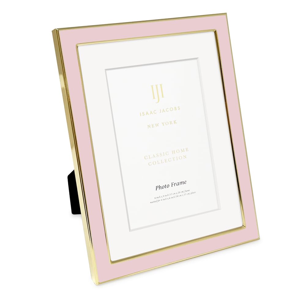 Isaac Jacobs 6x8 (Matted 4x6) Blush Enamel Picture Frame with Gold Metal Edge and Easel, Tabletop Display, Wall Décor, Photo Gallery, (6x8 (Matted 4x6), Blush with Gold)
