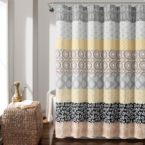 Image of Lush Decor Bohemian Stripe Shower Curtain, 72 inch W x 72 inch L, Yellow & Gray - Bathroom Curtain - Striped Shower Curtain - Boho Decor - Fabric Shower Curtains