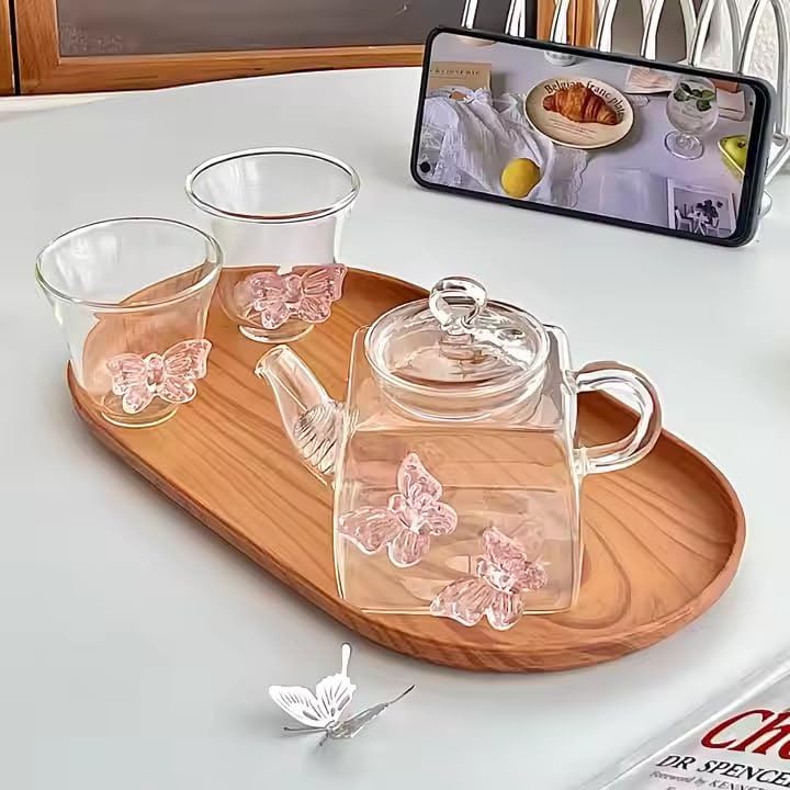 Gipibox®Glass Tea Pot Butterfly Design with Glass Tea Cup Set | Large Capacity Transparent Tea Kettle with Lid &Handle | Great for Loose Leaf Tea, Blooming Tea & Fruit Infused (500ml Tea Pot+2 Cup)