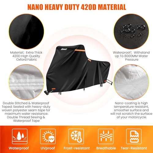 Image of Touring Motorcycle Cover with Side+Top Box,420D Waterproof Motorbike Cover, 5 Reflective Strips,Air Vents,3 Windproof Buckles,Antenna Zipper, Outdoor Protection(118 inch x 44 inch x 56 inch Black & Orange)