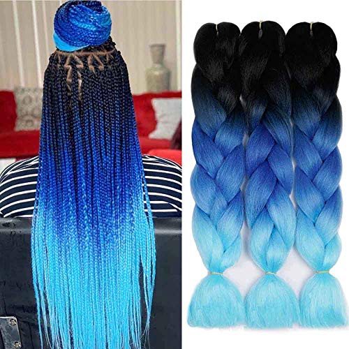 AIDUSA Ombre Colors Braiding Hair Ombre 3pcs Synthetic Braid Hair Extensions 24 Inch Three Tone Ombre Black to Blue Braids for Box Braids Senegal Twist Crochet Braids 100g (#48 Black to Blue）