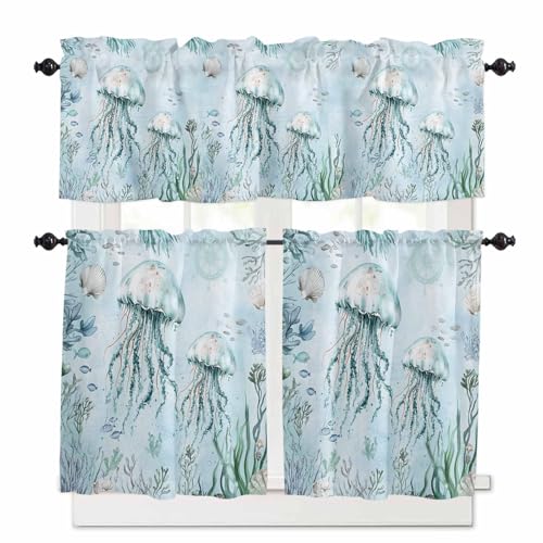 Aqua Jellyfish Kitchen Curtains 24 Inch Length, 3 Piece Rod Pocket Small Half Tiers and Valance Set, Coastal Nautical Ocean Shells Seaweed Small Large Window Treatment Decor for Bedroom/Bathroom Sink
