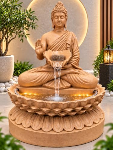 Image of G - Creations : Buddha Waterfall Fountain, Beige, Fibreglass, 2 Feet Height, Water Feature with Lotus Base, Corded Electric for Home | Office | Outdoor| Indoor and Porch Area