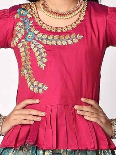 Toddler Girls | Lehenga Choli Set Pattu Pavadai South Indian Style Dress Traditional Zari Border Embroidered Jacquard Weave3