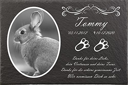 Pokal Center Westerheider Tiergrabstein Kaninchen mit Foto, Gedenksteine für Kaninchen mit Pfoten mit personalisierter Gravur, Kaninchen Gedenksteine aus Naturschiefer 20x30 cm Cover