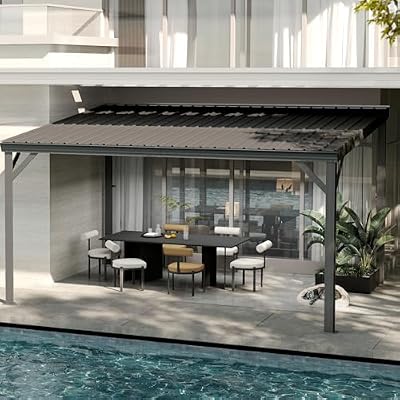 SHPAI 10x14FT Lean to Gazebo, Outdoor Hardtop Wall Mounted Gazebo with Gutter & Sloping Galvanized Steel Roof, Metal Hard Top Awnings for Deck, Porch, Backyard -Grey