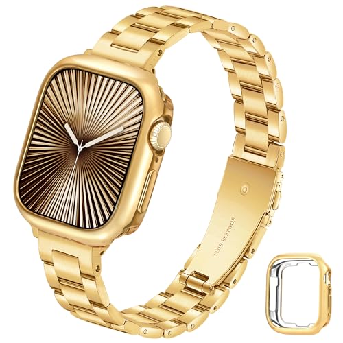 G-ficu Slim Metal Band for Apple Watch Bands for Women 41mm 40mm 38mm Gold iWatch Bands with Protective Case, Stainless Steel Thin Dressy Fancy Strap for Apple Watch Band Series 9 8 SE 7 6 5 4 3-Gold