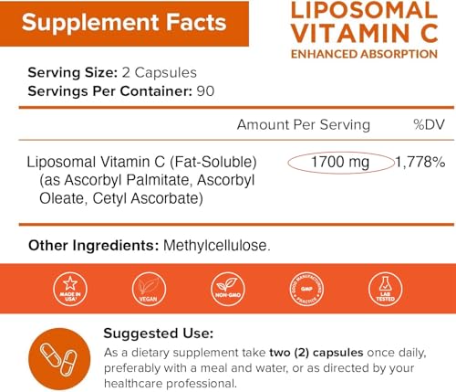 Nutriflair LVC-1180 Liposomal Vitamin C 1700Mg, 180 Capsules - High Absorption, Fat Soluble Vit C, Antioxidant Supplement, Higher Bioavailability Immune System Support & Collagen Booster, Non-Gmo, Vegan Pills thumb #1