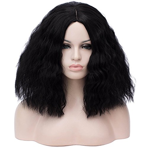 BERON 14’’ Women’s Bob Curly wig parted Fluffy Wig for Women Halloween Cosplay Wig for Daily Use Synthetic Wigs (Black)