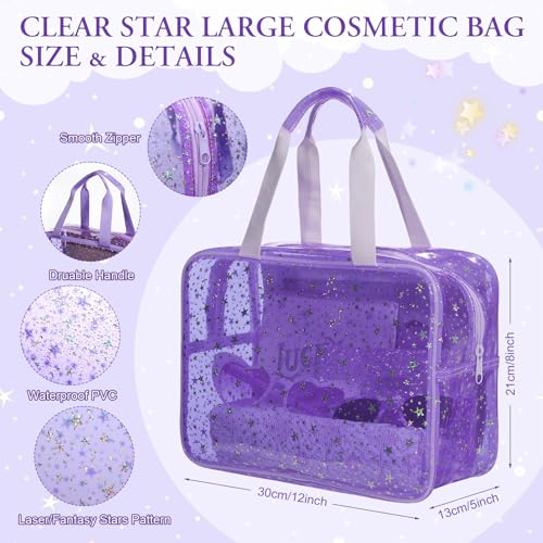 Aliceset 2 Pcs Clear Star Makeup Bag Large Cosmetic Bag with Handle and Medium Makeup Pouch Durable Waterproof Travel Toiletry Storage Pouch Zipper Design for Storage Travel(Purple)2