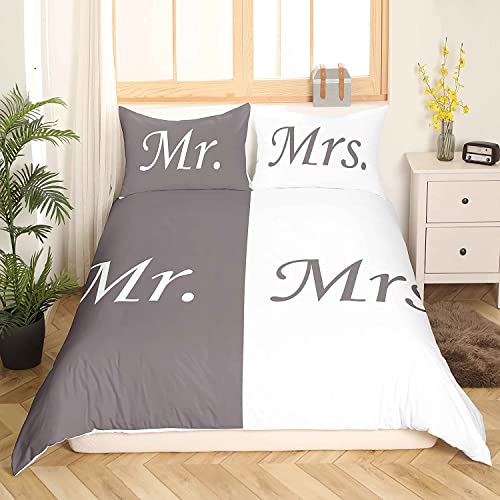 Homemissing Mr Mrs Duvet Cover Love Man Women Romance Bedding Set for Lover Couple Valentine Day Bedding & Linen Ultra Soft Grey White Creative King Size Zipper - Image 3