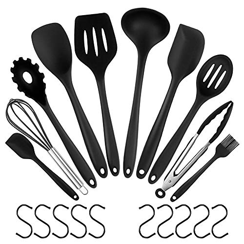 BaiYi Silikon Küchenhelfer Set Kochen zubehör Grillzange Pfannenwender Spaghettilöffel Schneebesen Löffel Spachtel Schöpflöffel Pinsel (10 Stück)+10-Haken(Schwarz)