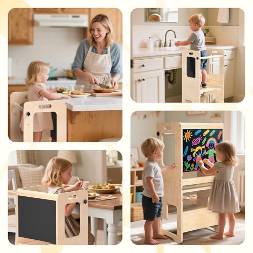 Image of Toddler Kitchen Step Stool, Adjustable Height Learning Standing Tower with Blackboard, Wooden Kitchen Stool Helper for Kids, 1-3 Year Old Boy Girl Gifts