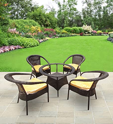 Image of Anaya Decor D-8 Chairs Table Set 4+1 Wicker Patio Furniture Sets 4 Chair and 1 Table with Cushions for Garden Balcony Bedroom Powder Coated Frame Uv Protected Wicker (Brown+Yellow)