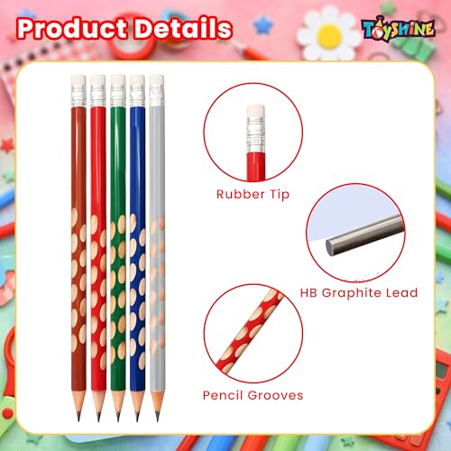Image of Toyshine HB Pencil Set with Erasers on Top | Pack of 10 Round Hole Groove Grip Pencils with Sharpener & Pencil Cap | Comfortable Writing School Stationery for Kids & Students
