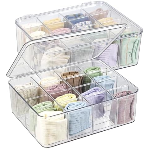 ZEXALOR Plastic Clear Storage Containers, Set of 2, Sock Organizer Divided Boxes with Lids, Underwear Drawer Organizer, Tie Organizer, Dresser Organizer (11.8×9.4×3.9") Cover