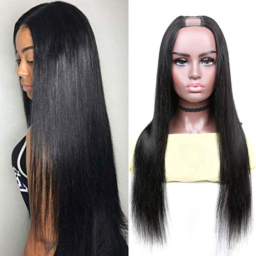 U Part Wig Human Hair, Upart Human Hair Wig For Black Women Straight Brazilian Hair U Shape Glueless Wigs Natural Black with Clips Straps Combs 14 Inch