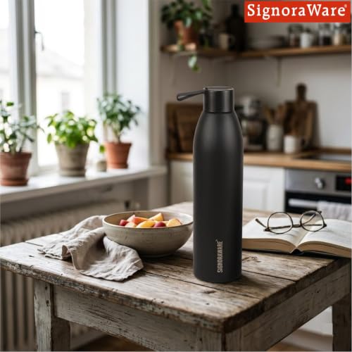 Image of SignoraWare Laguna Vacuum ISI Certified Stainless Steel Bottle,(500ml, Black), Airtight & Leakproof, Retain Freshness For Hours, Ergonomic Design, Ideal for School, Office, Gym Or Outdoors