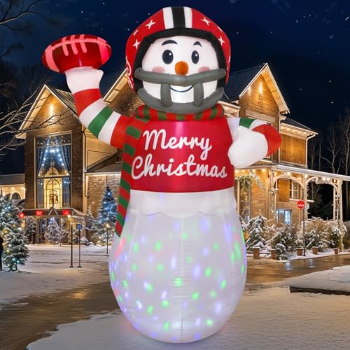 OurWarm 6 FT Christmas Inflatables American Football Snowman Decorations, Blow Up Rugby Snowman Inflatable Decoration Outdoor with Rotating LED Lights for Yard Lawn Garden Indoor Xmas Party Decor