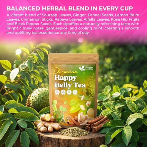 Image of FreshDrinkUS, Premium Happy Belly Tea | 135 Tea Bags | Herbal Tea Blend with Soursop Leaves, Ginger, Fennel Seed, Lemon Balm, Cinnamon, Papaya Leaves & Rose Hip - Naturally Caffeine Free. Sugar Free