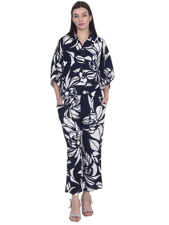 Floral Printed Kaftan Pure Rayon With Trouser Dk Blue-image-9