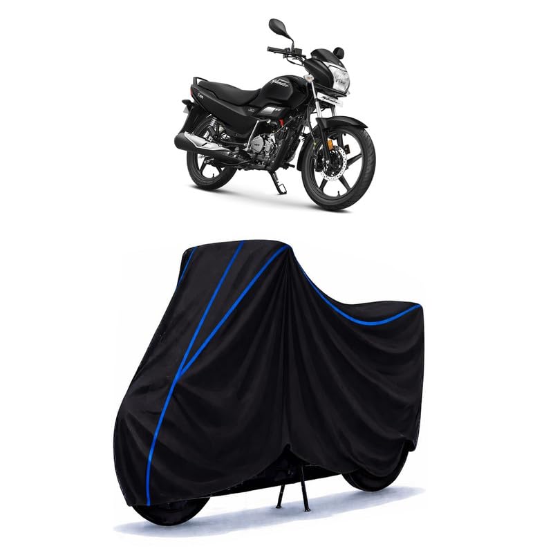 Image of Hero Super Splendor BS6 Bike Cover Water Resistant Universal Motorcycle Rain | Heavy Duty UV Protection, Dust, Scratch Indoor Outdoor All Weather with Black Blue Piping Elastic