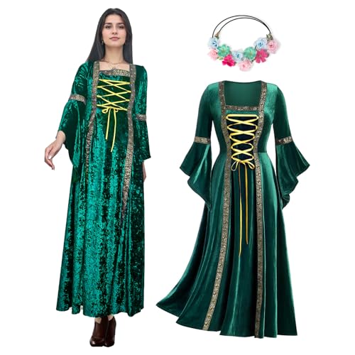 OPAEHJF Damen Retro Renaissance Königin Samtkleider, Mittelalterliches Kleid Halloween Vintage Viktorianisch Gothic Jahrmarkt Kostüme mit...