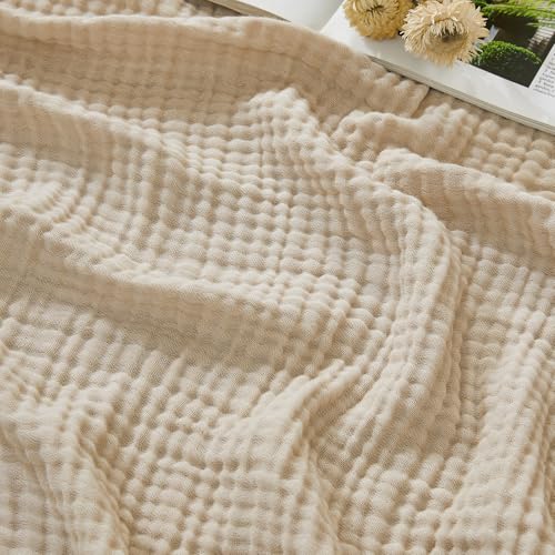 Image of EMME Cotton Muslin Throw Blanket Couch Breathable Gauze Soft Lightweight Bed Blankets Adults (Heather Beige, 50 inchx60 inch)