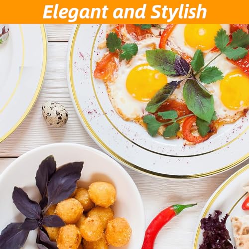 SHUESS 40 Pack White Plastic Plates with Gold Rim - 10 Inches Round Plastic Plates Reusable - Sturdy Dinner Plates - Elegant Party Plates for Weddings, Parties, Catering, and Picnics (26 cm) - Image 4