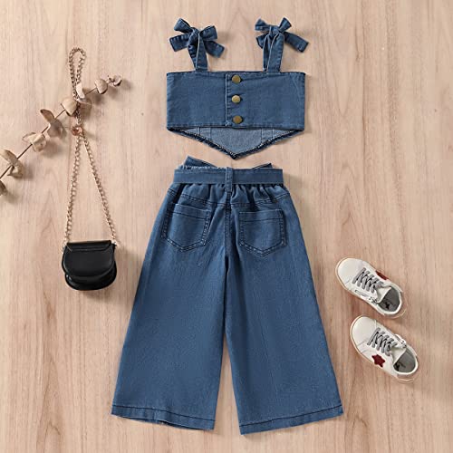 Toddler Baby Girls 2pcs Jeans Outfits, Denim Off-Shoulder Crop Tops+High Waist Ripped Jeans with Pockets 6 Months-6Y2