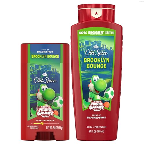 Image of Old Spice X Super Mario, Brooklyn Bounce with Smashed Fruit Scent, Aluminum Free Deodorant + Body & Face Wash Bundle for Men, Smell Super with 24 /7 Lasting Freshness & 24 /7 Shower Clean (Pack of 2)
