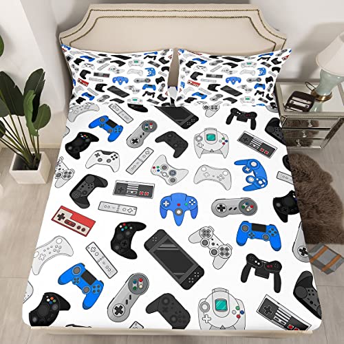 Erosebridal Video Games Fitted Sheet, Kids Teens Boys PC Gamer Bedding Set, Modern Gaming Bed Sheets, Home Room Decorations Gamepad Bedding Decor Set, Queen Size, Multicolor