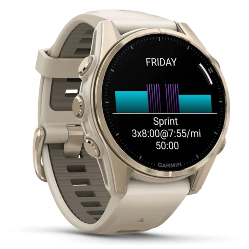 Garmin Fenix 8–43 mm, AMOLED, Saphir, weiches Gold mit Nebelgrau/Dunkelsandstein, Silikonband