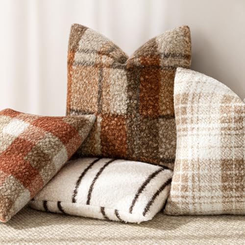 Image of Foindtower Pack of 2 Soft Faux Fur Boucle Throw Decorative Pillow Covers Fuzzy Accent Check Cushion Sherpa Boho Farmhouse Pillowcase for Couch Sofa Bed Living Room Home Decor 18x18 Inch,Autumnal