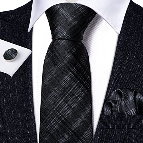 Image of Barry.Wang Tie Sets for Men Silk Stripe Necktie Woven Checkered Handkerchief Cufflinks Formal Business Wedding