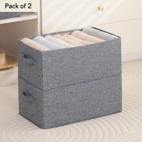 Image of HOKIPO Fabric Storage Boxes for Clothes Wardrobe Organizer | Storage Bins for Wardrobe Fabric Organizers with Handle, Large, Pack of 2 - Grey (AR-6685-GRY*2)