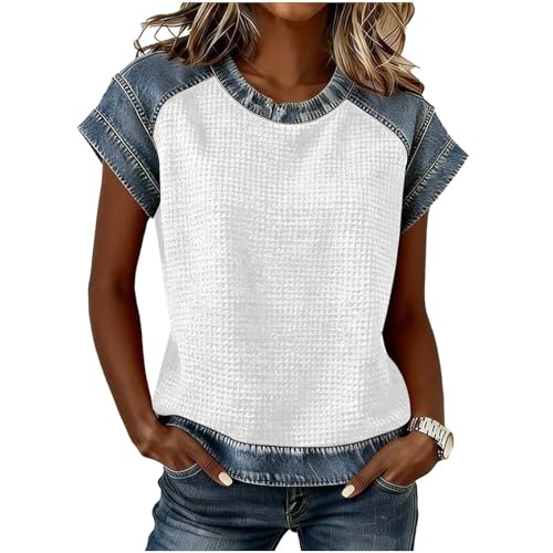 Denim Patchwork Shirt for Womens Crew Neck Waffle Knit Tops Denim Printed Short Sleeve Blouse Tshirt Trendy Loose Tees
