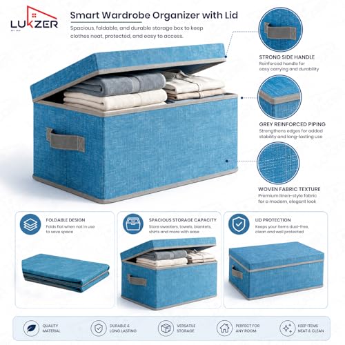 Image of Lukzer 4PC Blue & Grey Foldable Storage Box with Lid & Reinforced Handle | Fabric Wardrobe Clothes Organizer Basket Bin for Sarees, Blankets, Toys, Books & Closet /Almirah Storage (36 x 27 x 20 CM)