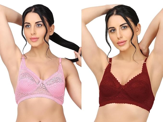 Women's Full Coverage Cotton Net Decent Bra Non Padded Wire Free Everyday Seamless Bra for Girls(Pack of 2)