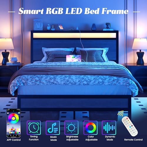 Image of Fluest Full Bed Frame with Headboard & Footboard, Full Bed Frame with Built-in Charging Station & LED Light, Storage Shelf, Noise-Free, No Box Spring Needed, Easy Assembly, Rustic Grey