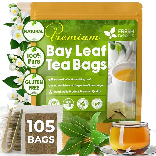 FreshDrinkUS, Premium 105 Bay Leaf Tea Bags, 100% Natural & Pure from Bay Leaves. Loose Leaf Bay Herbal Tea. Made with Natural Material Tea Bags, No Sugar, No Caffeine, No Gluten, Vegan.