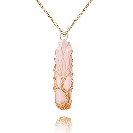 VIBILIA Healing Crystal Necklace Tree of Life Wire Wrapped Natural Rose Quartz Stone Point Pendant Necklace Hexagonal Reiki Spiritual Quartz Gemstone Jewelry for Women Men