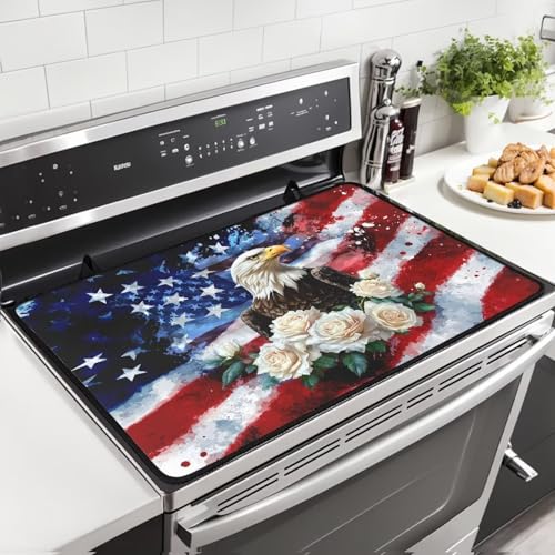 Image of 4th of July Gas Burners Top Covers, American Flag Eagle, Soft Extra Large Stove Top Cover for Electric Non-Slip Rubber Base Surface Heart Resistant Oven Cover Mat 30x21 Inch