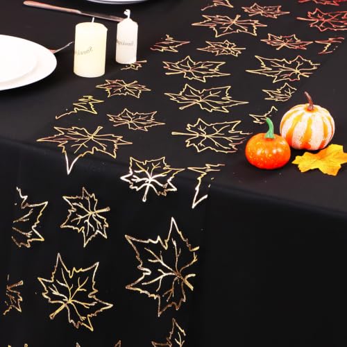 Snowkingdom 100ft Thanksgiving Black Gold Leaves Table Runner Fall Decor