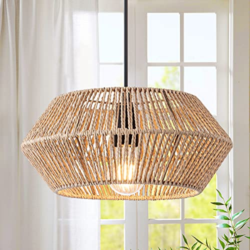 Tsmkledan Woven Rattan Pendant Light, 12.6 Inch Hemp Rope Boho Chandelier Rustic Farmhouse Chandelier Light, Rattan Light Fixture For Dining Room Living Room Bedroom Kitchen Foyer, Gold #TOP28