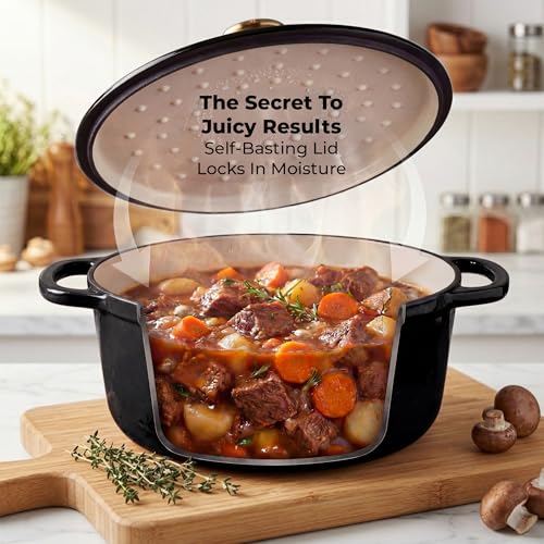 Image of Zulay Kitchen 7.7 Quart Enameled Cast Iron Dutch Oven Pot with Lid - Premium Durability & Oven Safe up to 500F - Heavy Duty Cookware Perfect for Bread Baking, Stews, Braising & Roasting - Black