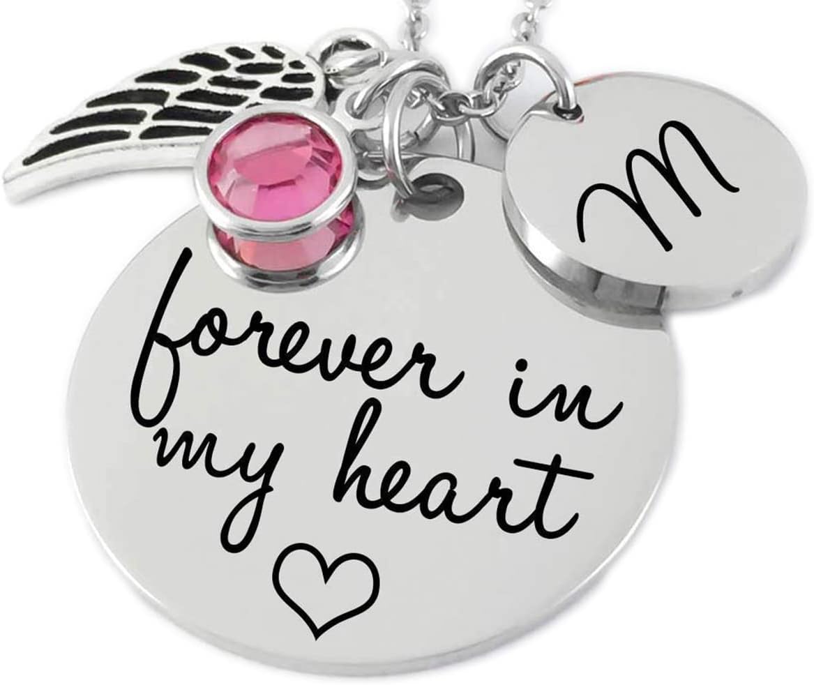 Memorial Jewelry Necklace - forever in my heart - Name Disc, Angel Wing & Birthstone Crystal