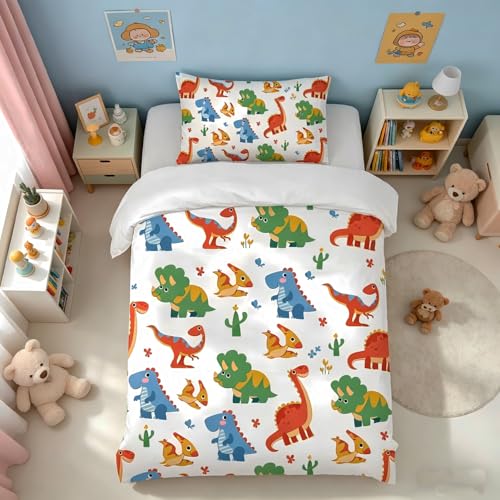 Caregchrisj Kinderbettwäsche 135x200 Dino Bettwäsche für Kinder Jungen Mädchen Weiß Bunte Dinosaurier Muster Mikrofaser Bettbezug und Kissenbezug 80x80 mit Reißverschluss