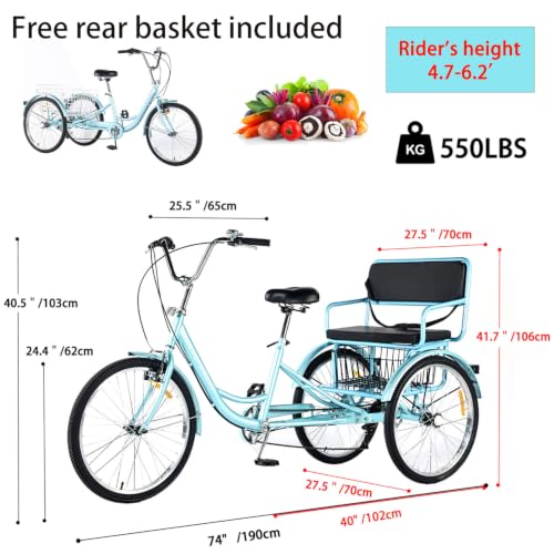 Triciclo para adultos de 24 pulgadas y 7 velocidades para personas mayores y mujeres, bicicleta de tres ruedas con batalla extendida, asiento trasero y canasto de gran capacidad, carga máxima 550 libras miniatura 4